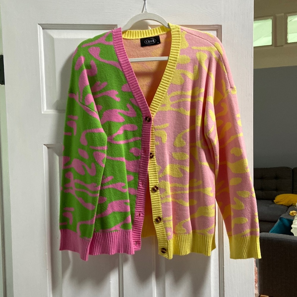 Cider Colorblock Pink Green Yellow Patterned Cardigan